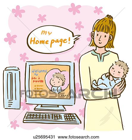 Clip Art - Mother holding baby and standing beside computer, front view. Fotosearch