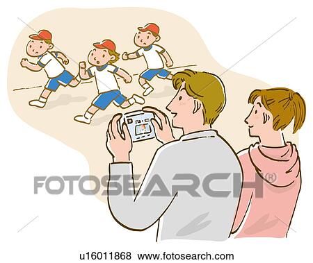 Stock Illustration - Parents taking a picture of children running in sports festival. Fotosearch
