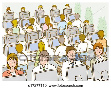 People sitting at desk with computers in class, high angle view View Large Illustration Clipart - People sitting at desk with computers in class, high angle view. Fotosearch
