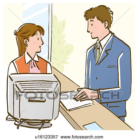 Receptionist and man standing at information desk View Large Illustration Stock Illustration - Receptionist and man standing at information desk. Fotosearch
