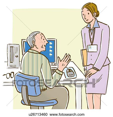 Clipart - Senior man talking to woman standing beside his desk. Fotosearch