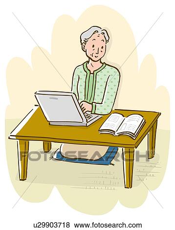 Senior woman using laptop, looking at operating manual, high angle view View Large Illustration Stock Illustration - Senior woman using laptop, looking at operating manual, high angle view. Fotosearch