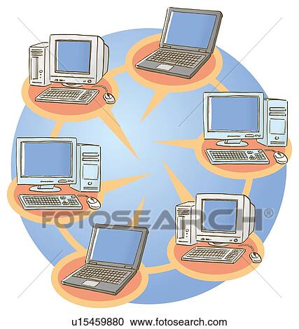 Clipart - Six computers set up on a network. Fotosearch