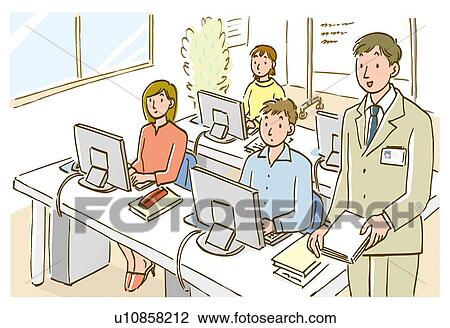 Drawing - Teacher and students in computer class, high angle view. Fotosearch