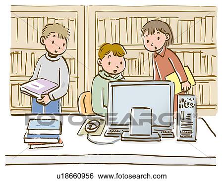 Three children looking at computer monitor in library View Large Illustration Stock Illustration - Three children looking at computer monitor in library. Fotosearch
