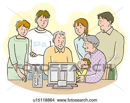 Stock Illustration - Three generation family gathering in front of computer monitor. Fotosearch