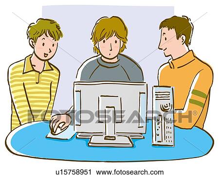 Clip Art - Three people looking at computer monitor together, front view. Fotosearch