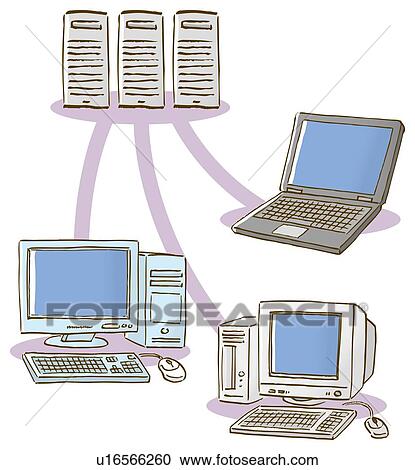 Clipart - Three servers and computers set up on networks. Fotosearch