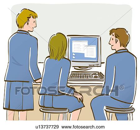 Stock Illustration - Three students looking at computer monitor in class. Fotosearch