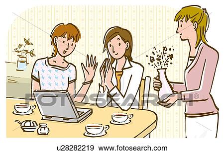Stock Illustration - Three women enjoying tea break, two looking at laptop, one holding vase of flower. Fotosearch