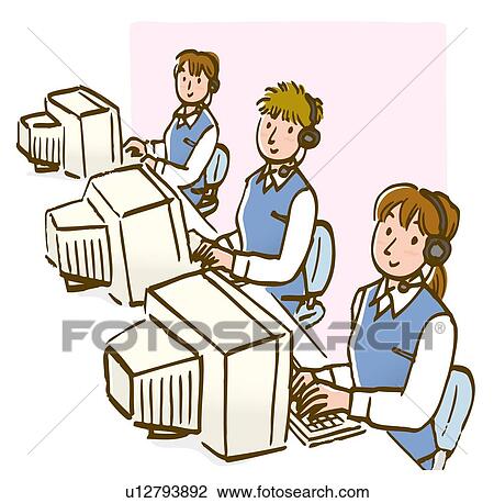 Drawing - Three women wearing headset, using computer, high angle view. Fotosearch