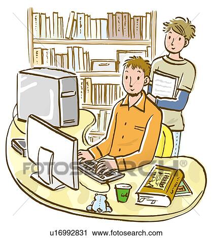 Clip Art - Two men looking at computer monitor in office, high angle view. Fotosearch