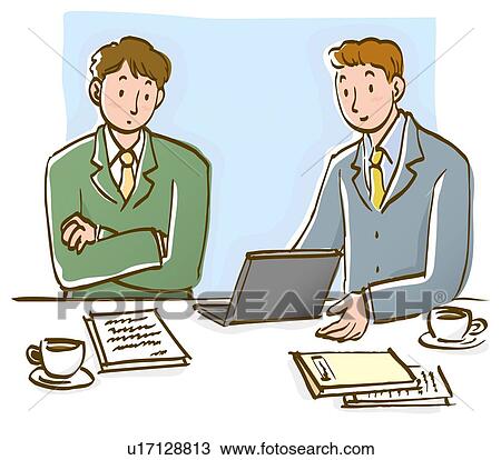 Drawing - Two men sitting at desk and looking at laptop, front view. Fotosearch