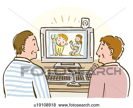Woman and man watching computer monitor, telephone call over the Web, rear view View Large Illustration Stock Illustration - Woman and man watching computer monitor, telephone call over the Web, rear view. Fotosearch