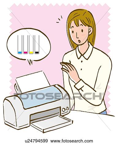 Woman and printer out of colored ink, front view View Large Illustration Stock Illustration - Woman and printer out of colored ink, front view. Fotosearch