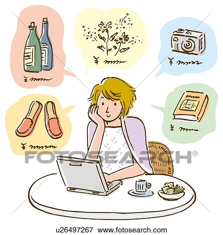 Stock Illustration - Woman enjoying shopping by internet, sitting at table, front view. Fotosearch