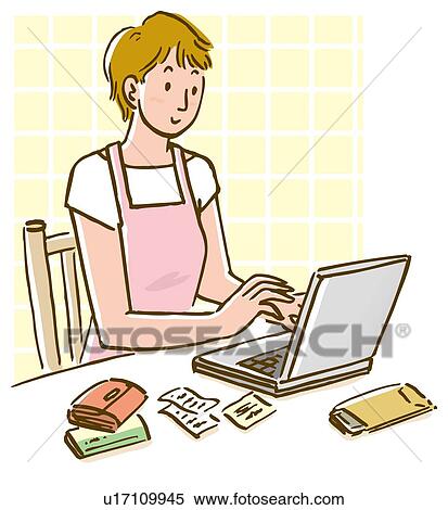 Stock Illustration - Woman keeping household accounts with laptop, sitting at table, front view. Fotosearch