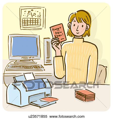 Stock Illustration - Woman making greeting cards, front view. Fotosearch