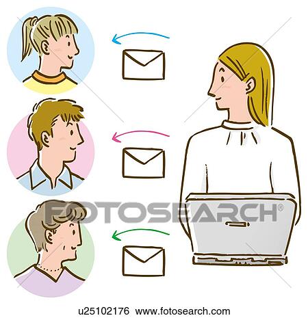 Woman sending E-mail to three people View Large Illustration Stock Illustration - Woman sending E-mail to three people. Fotosearch
