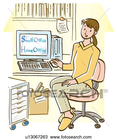 Woman sitting at desk with computer, side view View Large Illustration Drawing - Woman sitting at desk with computer, side view. Fotosearch