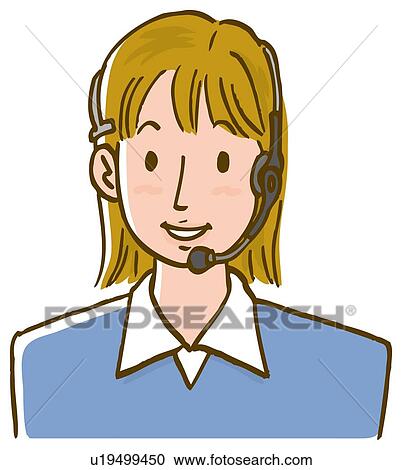 Clipart - Woman smiling and wearing headset, close up, front view. Fotosearch