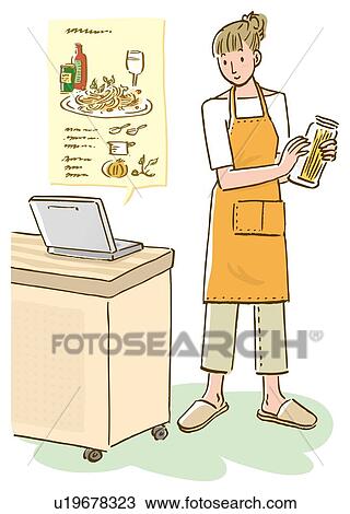 Drawing - Woman standing and looking at recipe on internet, front view. Fotosearch