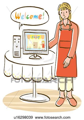 Woman standing beside table with computer, front view View Large Illustration Stock Illustration - Woman standing beside table with computer, front view. Fotosearch