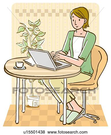 Woman using laptop and sitting at table, front view View Large Illustration Stock Illustration - Woman using laptop and sitting at table, front view. Fotosearch