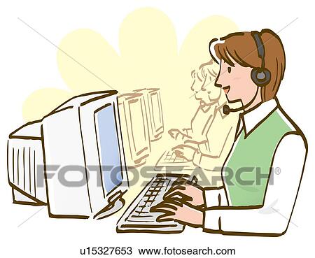 Drawing - Women using computer and talking, side view. Fotosearch