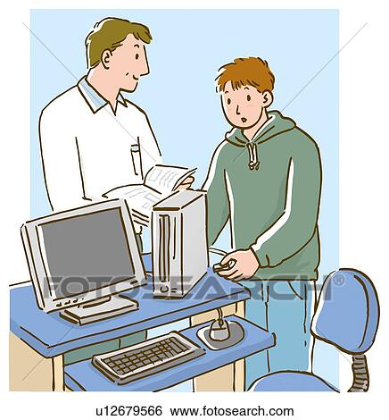 Stock Illustration - Young man and mature man standing beside desk with computer. Fotosearch