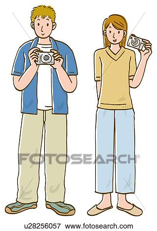 Stock Illustration - Young man and woman holding digital camera and standing side by side, front view. Fotosearch