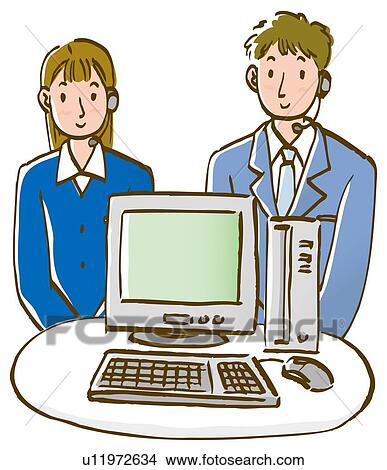 Young man and woman standing behind table with personal computer, front view View Large Illustration Stock Illustration - Young man and woman standing behind table with personal computer, front view. Fotosearch