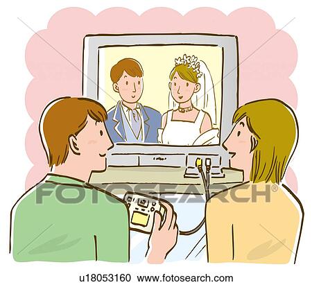 Young man and woman watching video of wedding by connecting digital camera to TV, rear view View Large Illustration Clipart - Young man and woman watching video of wedding by connecting digital camera to TV, rear view. Fotosearch