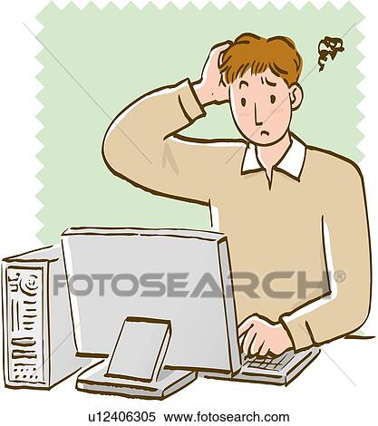Stock Illustration - Young man having trouble with computer, putting hand on his head, front view. Fotosearch