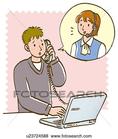 Stock Illustration - Young man talking with woman over the phone, having trouble with his laptop, front view. Fotosearch