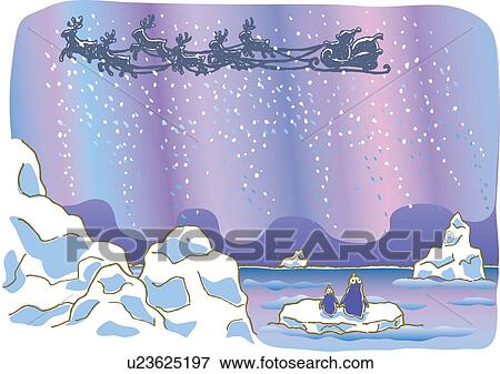 絵 の Reindeers そして サンタクロース 飛行 中に 北 ライト イラスト イラスト U Fotosearch