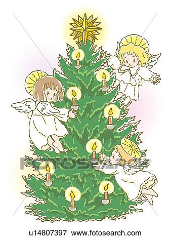 Painting of angels flying around Christmas tree, Illustration View Large Illustration Stock Illustration - Painting of angels flying around Christmas tree, Illustration. Fotosearch
