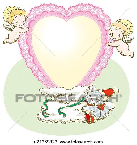 Drawing - Painting of angels holding heart shaped wreath, Illustration. Fotosearch