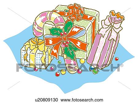 Clipart - Painting of assorted Christmas presents, Illustration. Fotosearch