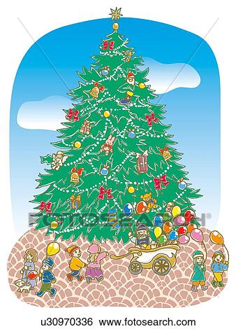 Stock Illustration - Painting of big Christmas tree and people, Illustration. Fotosearch