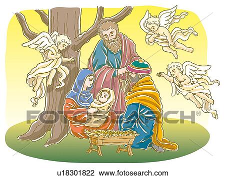 Drawing - Painting of Birth of Jesus Christ, Illustration. Fotosearch