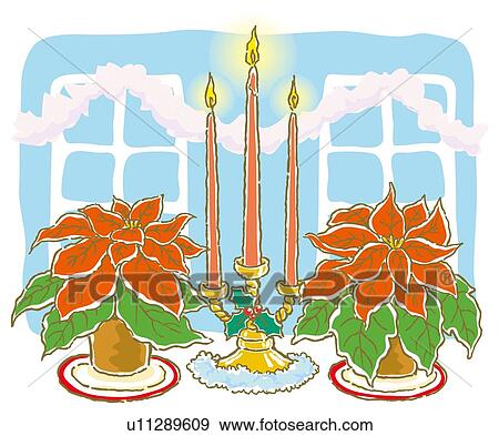 Stock Illustration - Painting of candles and Poinsettias on the table, Illustration. Fotosearch
