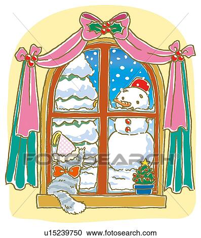 Painting of cat looking snowman by the window, Illustration View Large Illustration Clipart - Painting of cat looking snowman by the window, Illustration. Fotosearch
