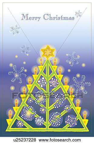 Stock Illustration - Painting of Christmas card with illuminated Christmas Tree, Illustration. Fotosearch