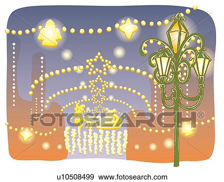 Painting of Christmas illumination on the street, Illustration View Large Illustration Stock Illustration - Painting of Christmas illumination on the street, Illustration. Fotosearch