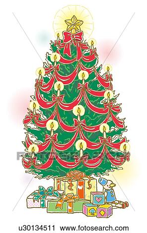 Clip Art - Painting of Christmas tree and presents, Illustration. Fotosearch