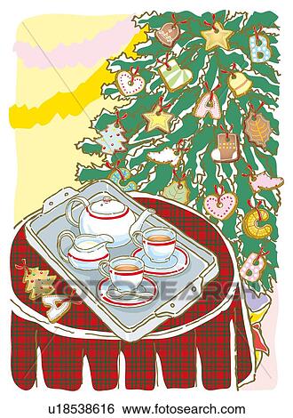 Stock Illustration - Painting of Christmas tree and tea set on table, Illustration. Fotosearch