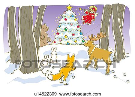 Stock Illustration - Painting of Christmas tree in the forest, Illustration. Fotosearch