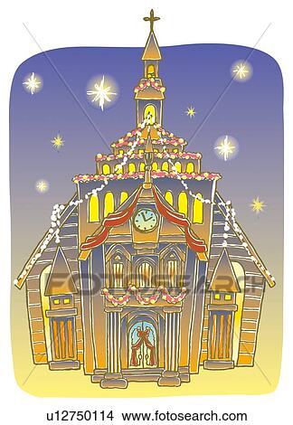 Painting of church with Christmas illumination, Illustration View Large Illustration Stock Illustration - Painting of church with Christmas illumination, Illustration. Fotosearch