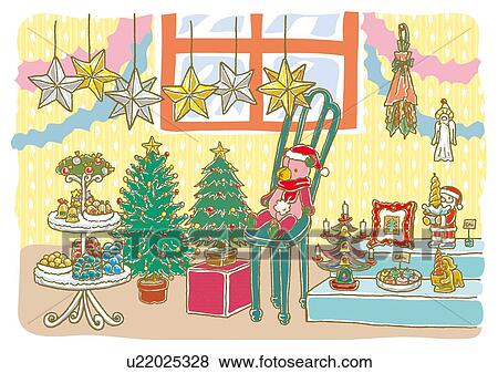 Stock Illustration - Painting of decorated room with Christmas ornaments, Illustration. Fotosearch